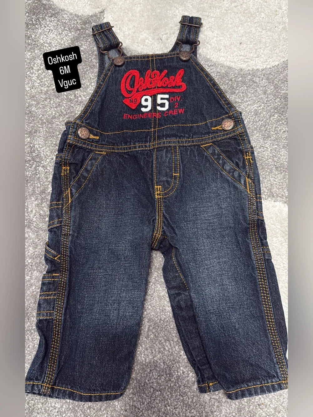 OshKosh B'gosh Dark Blue Denim Overalls with Red Embroidery